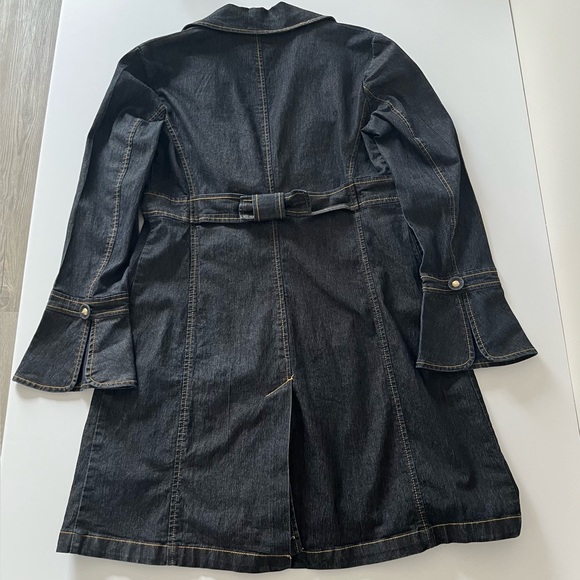 Bisou Bisou Dark Blue Denim Trench Coat Jean Jacket Contrast Stitch Button Small - Picture 4 of 13